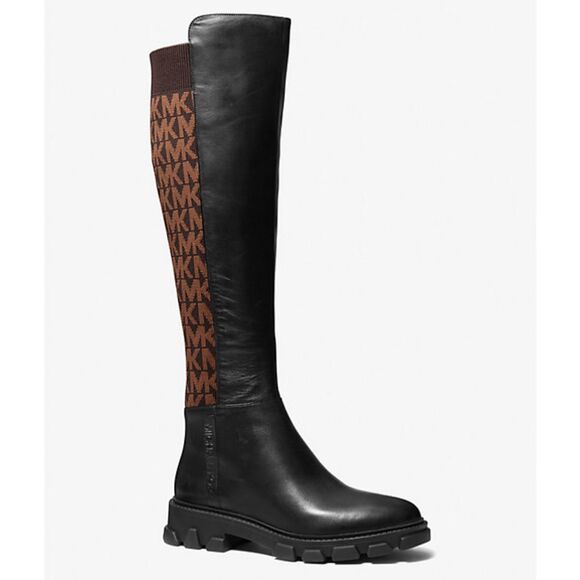 Michael Kors Ridley Leather and Logo Jacquard Knee Boot Size 8 $275 - Picture 1 of 13